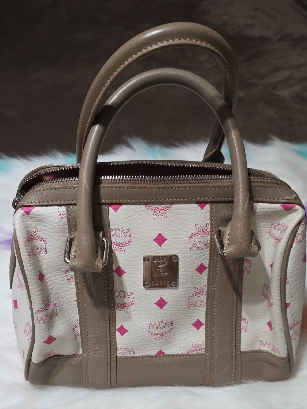 MCM White & Pink Logo Satchel with Taupe Trim